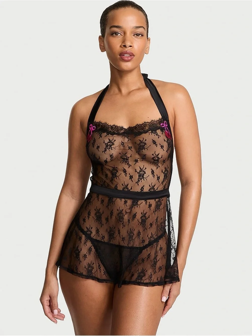 Victoria’s Secret Sheer Lace Halter Babydoll & Thong Set NWT L